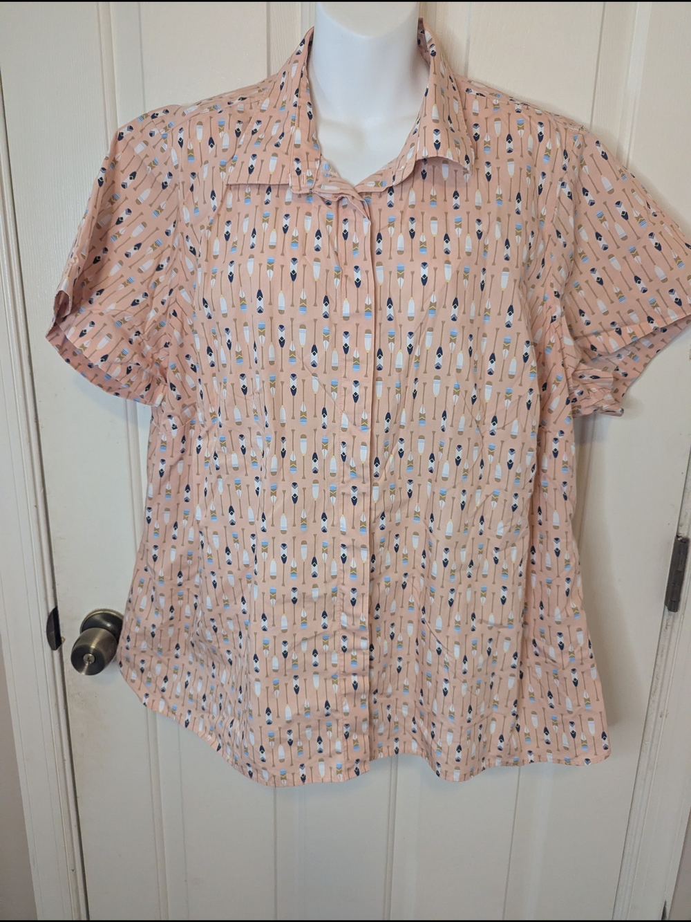 Lands' End No Iron Supima Cotton Short Sleeve Shirt 22W‎ Oar Paddle Print Plus